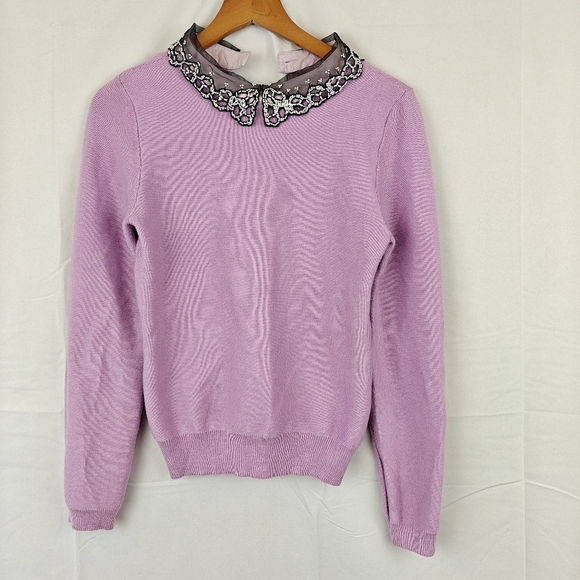 Wool Knit Long Sleeve Sweater Beaded Collar In Lilac Size Small - Picture 1 of 9